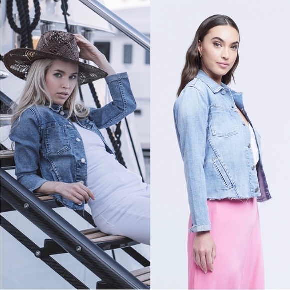 NWT L'AGENCE 90s Distressed Vintage Wash Denim Raw Hem Crop Slim Jean Jacket XS - Picture 6 of 16
